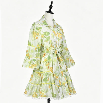 Botanical Print Lace Single Breasted Mini Dress - Green