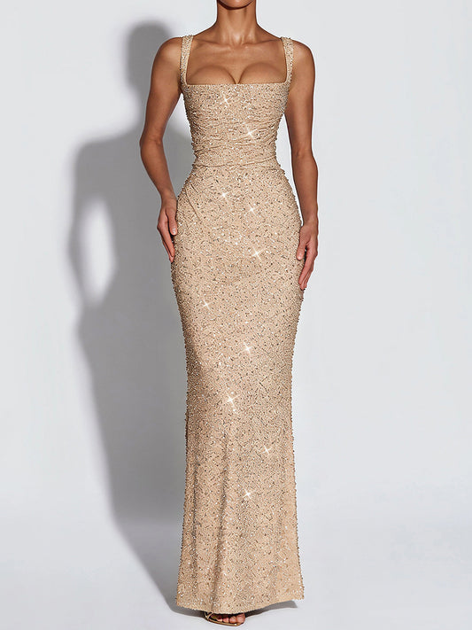 champagne sequin suspender evening dress