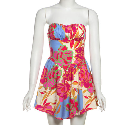 Strapless backless floral printed mini dress