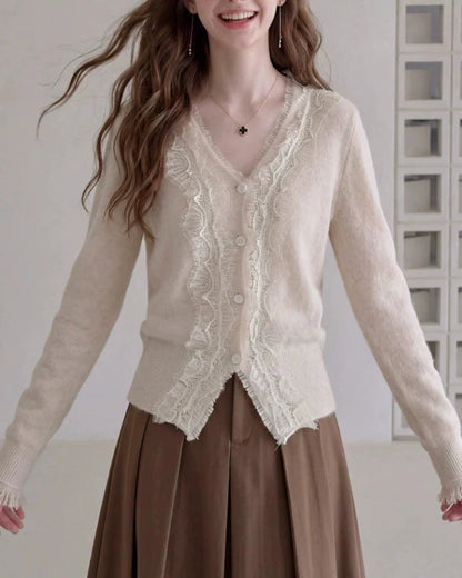 V-neck Lace-trimmed Knit Cardigan