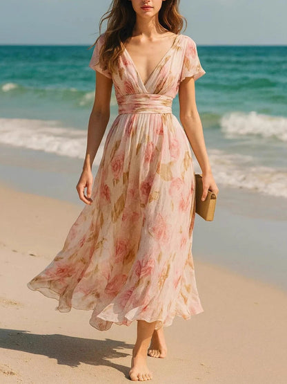 Deep V Ruffle Sleeve Watercolor Floral Chiffon Maxi Dress