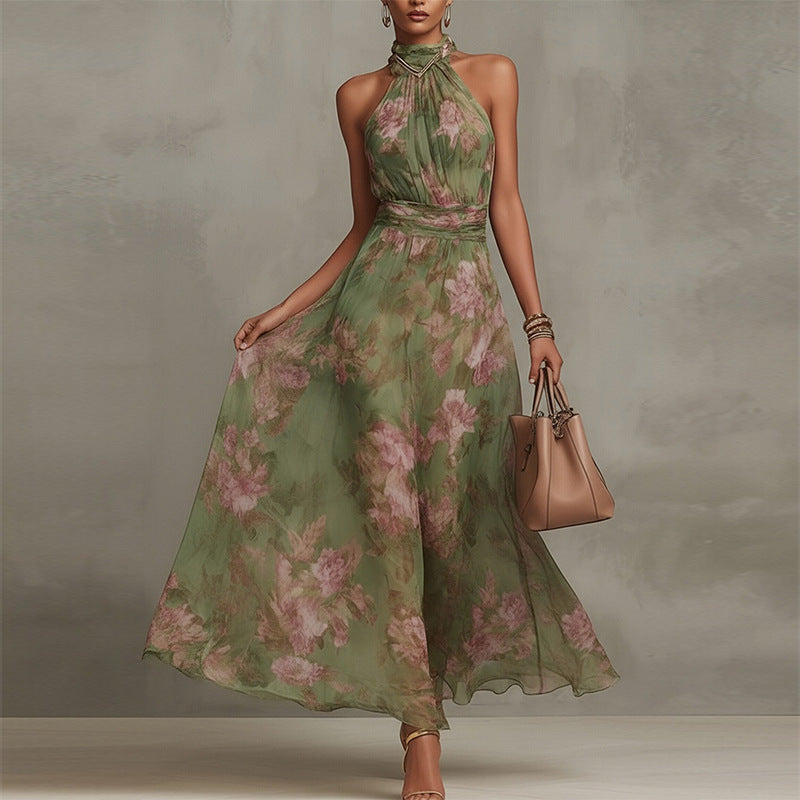 green printed halterneck waist dress