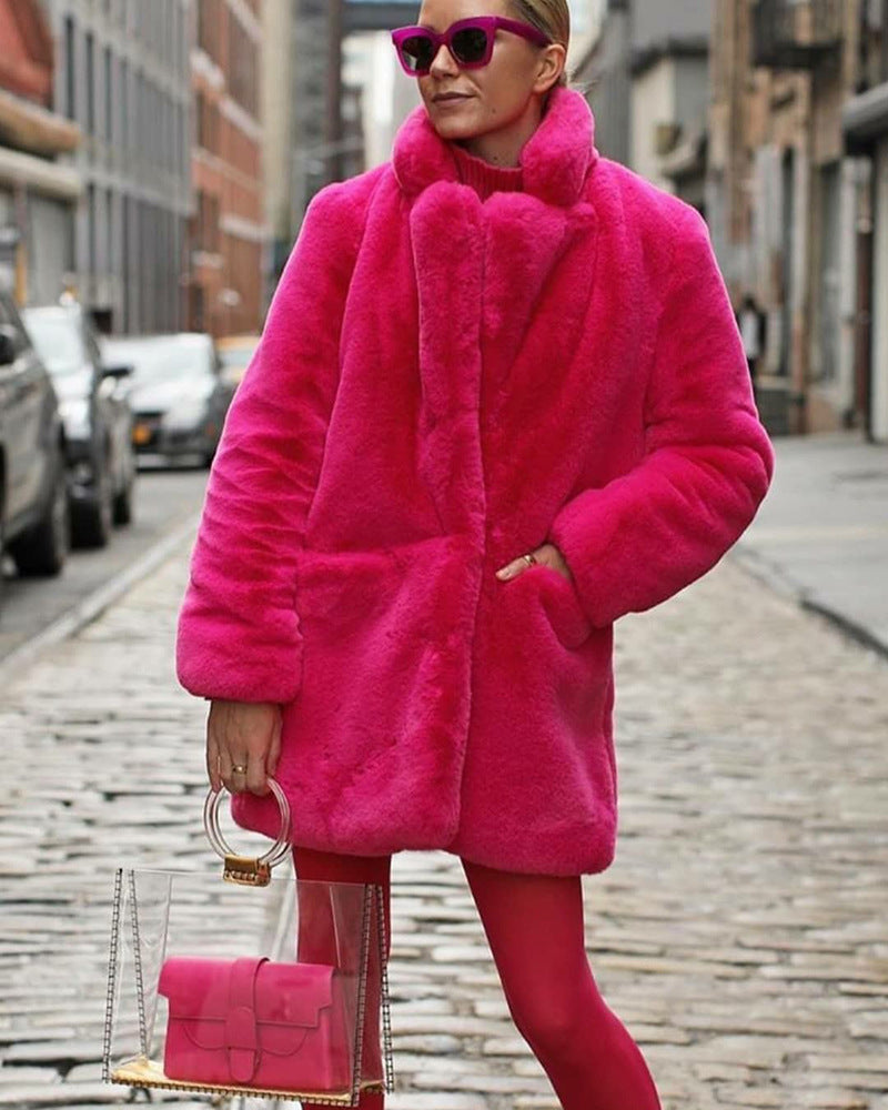 plus-size fur plush loose lapel midi coat