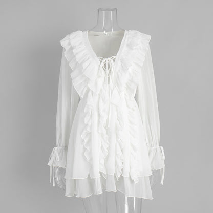 v-neck Ruffled tulle mini dress - apricot