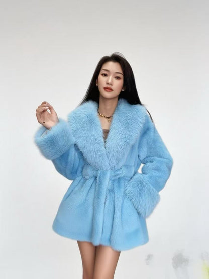 Big Fur Collar Long Mink Faux Fox Coat