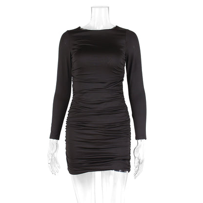 Long-sleeved round neck backless tie-up bodycon dress