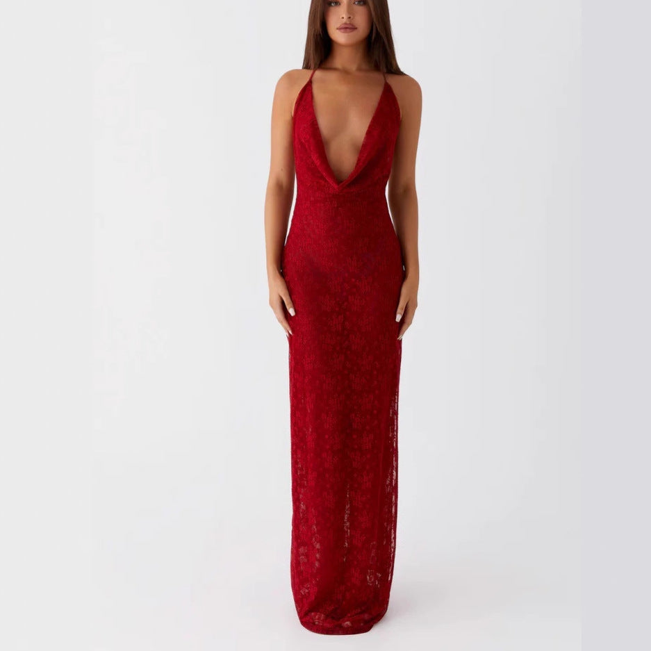 Lace-up long dress with open back and spaghetti straps - red