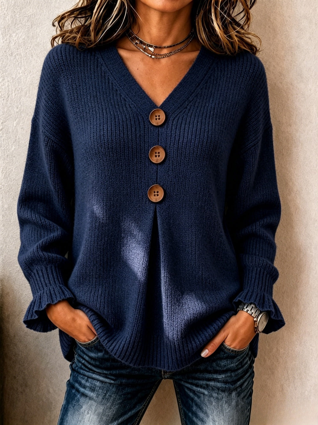 V-neck Ruffled Sleeves Knit Sweater