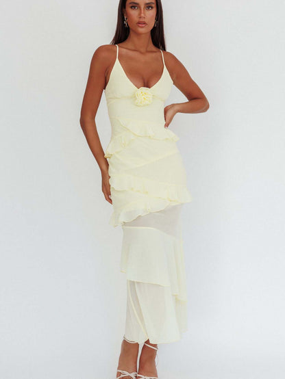 yellow backless suspender ruffled dress