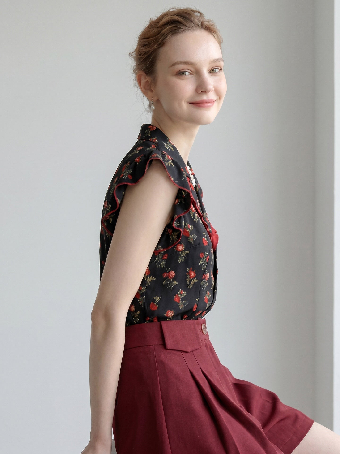 Red Rose Floral Ruffle Trim Sleeveless Shirt