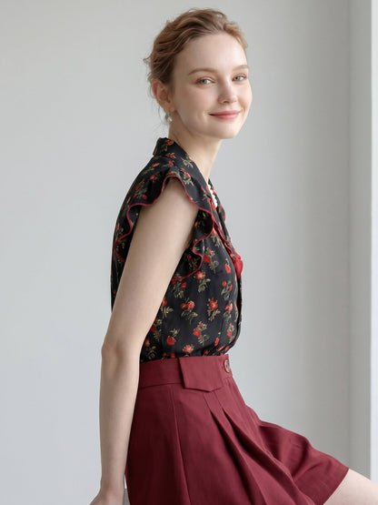 Red Rose Floral Ruffle Trim Sleeveless Shirt