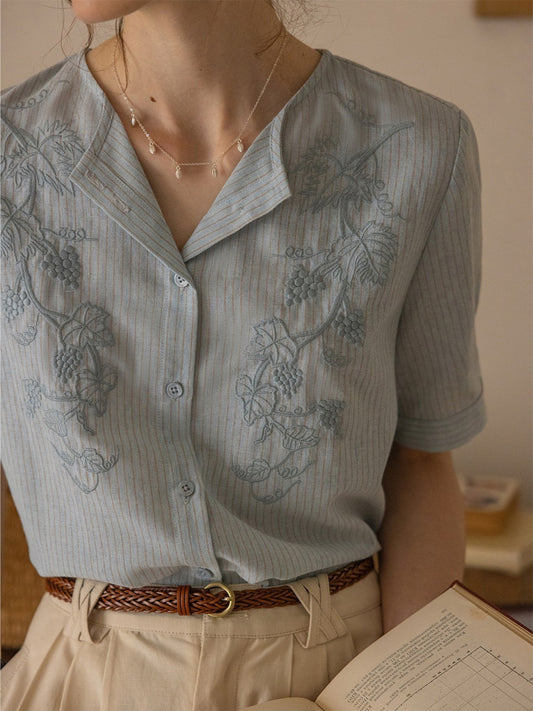 embroidery yarn-dyed striped lapel short-sleeved shirt