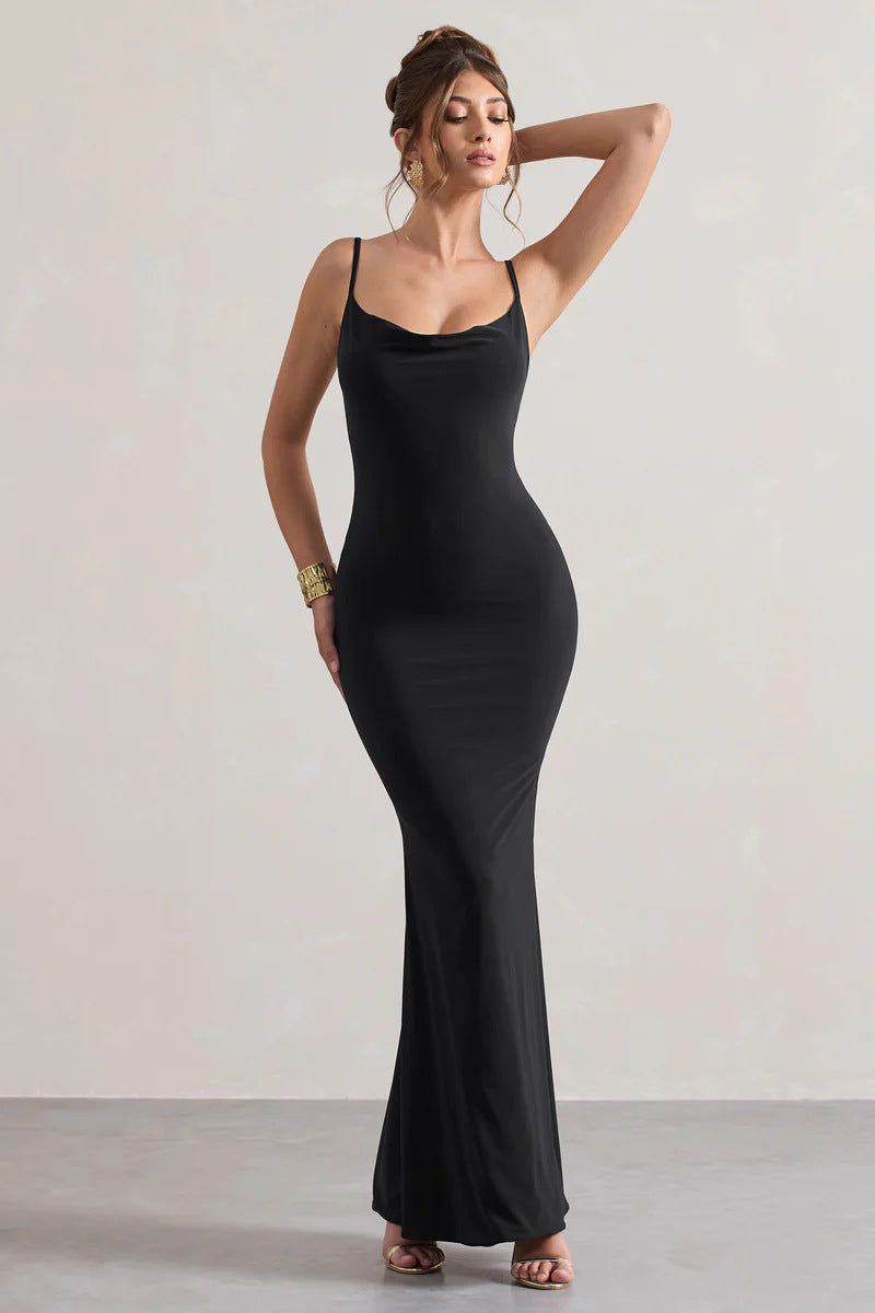 black drape suspender shaping hip fishtail dress