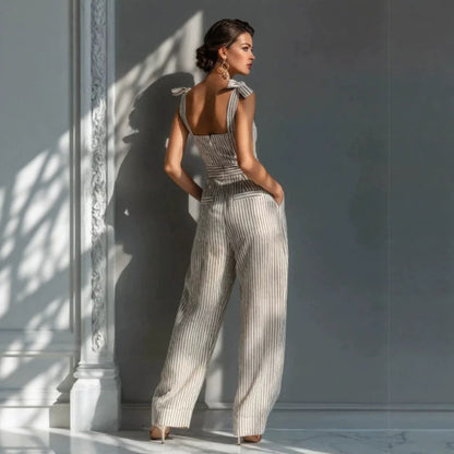 striped spaghetti strap pocket jumpsuit