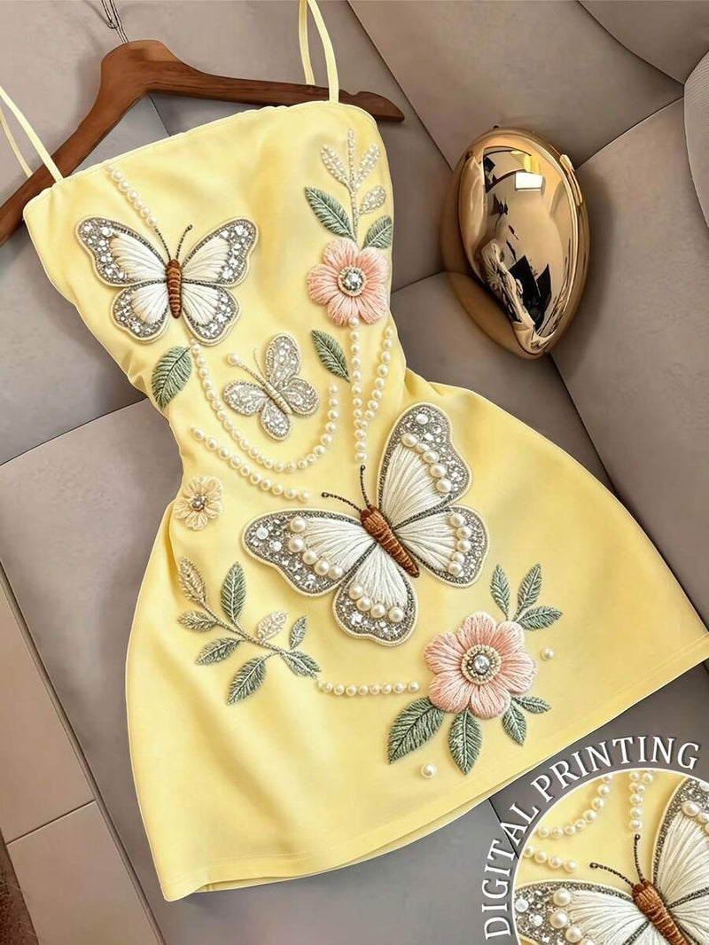 Butterfly floral print embroidered camisole mini dress