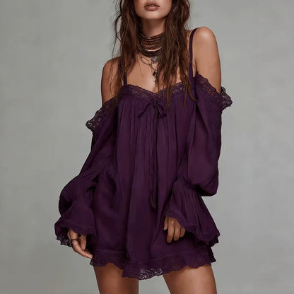 off-shoulder camisole mini dress with lace trim