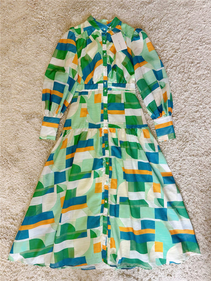 green color-block button dress