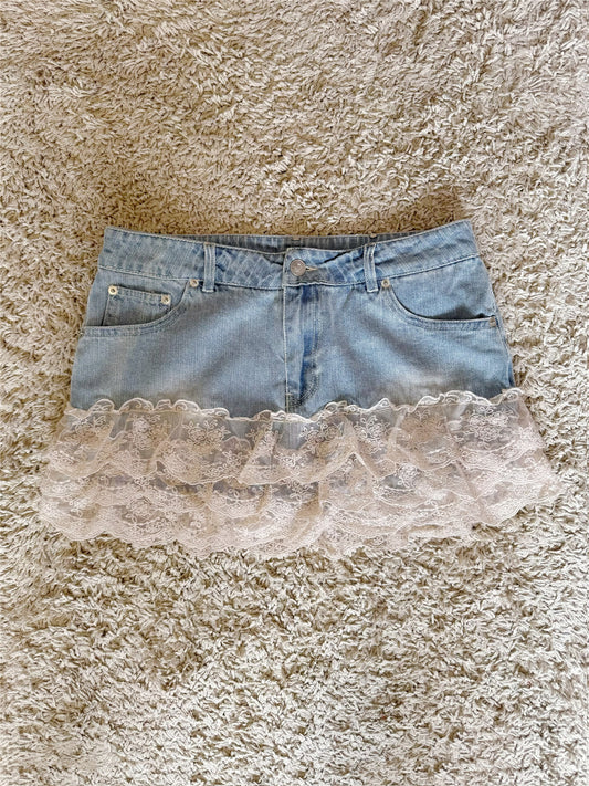 layered lace ruffle patchwork with pure cotton denim low-rise mini short skirt