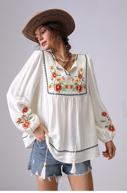 embroidered V-neck French long-sleeve shirt