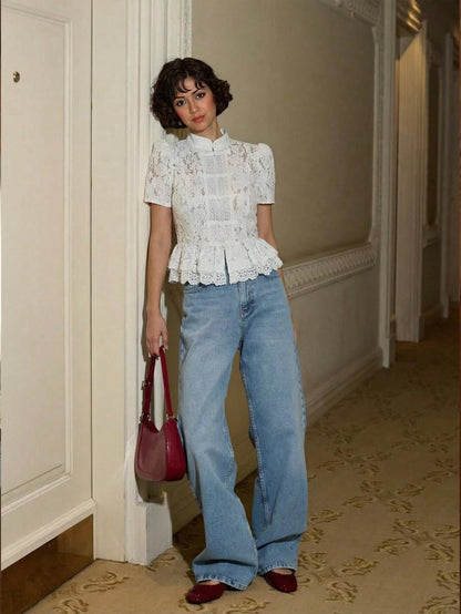 white lace stand-up collar tops