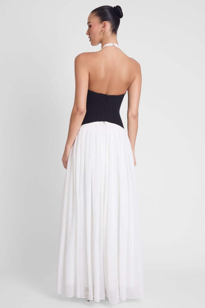 black and white suspender backless maxi dress