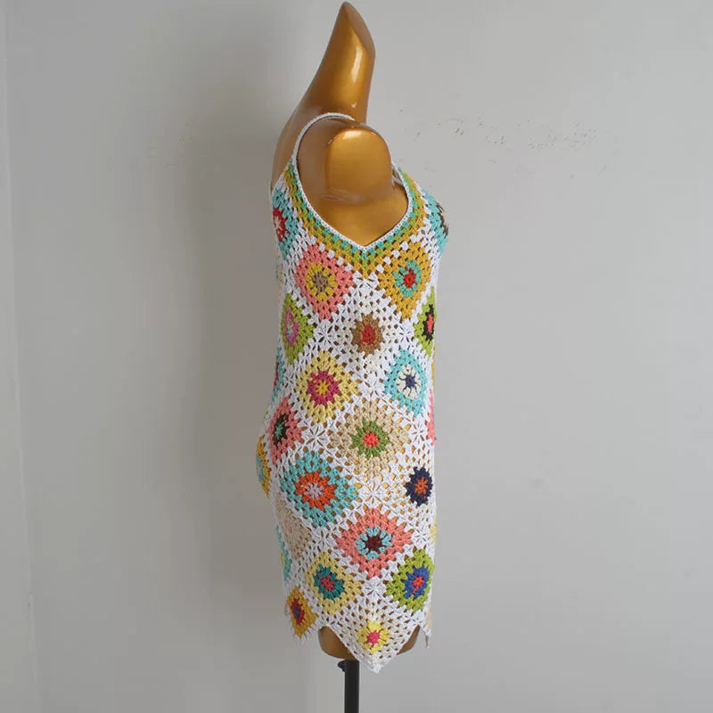 Boho Granny Square Crochet Mini Dress