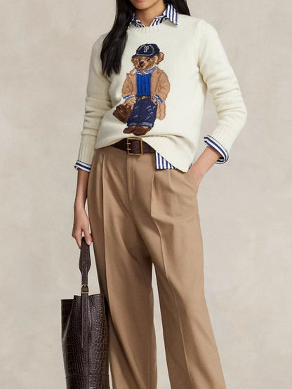 bear embroidered knitted sweater in ivory