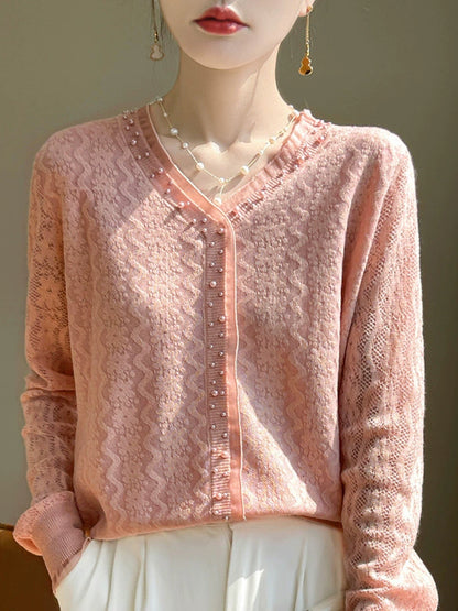 Wool-blend Lace V-neck Knit Top