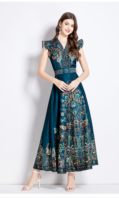 Printed V-neck lantern sleeve single-breasted dress