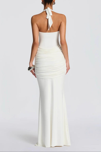 white streamer splicing suspender halterneck dress