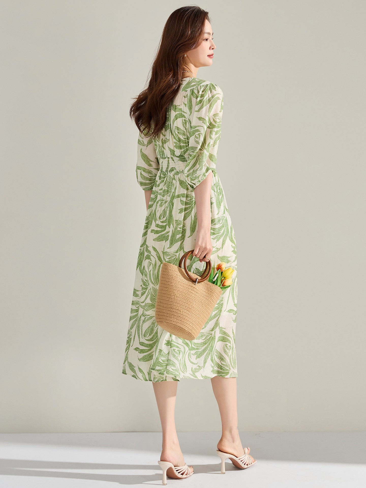 Green floral print midi dress with lantern sleeves