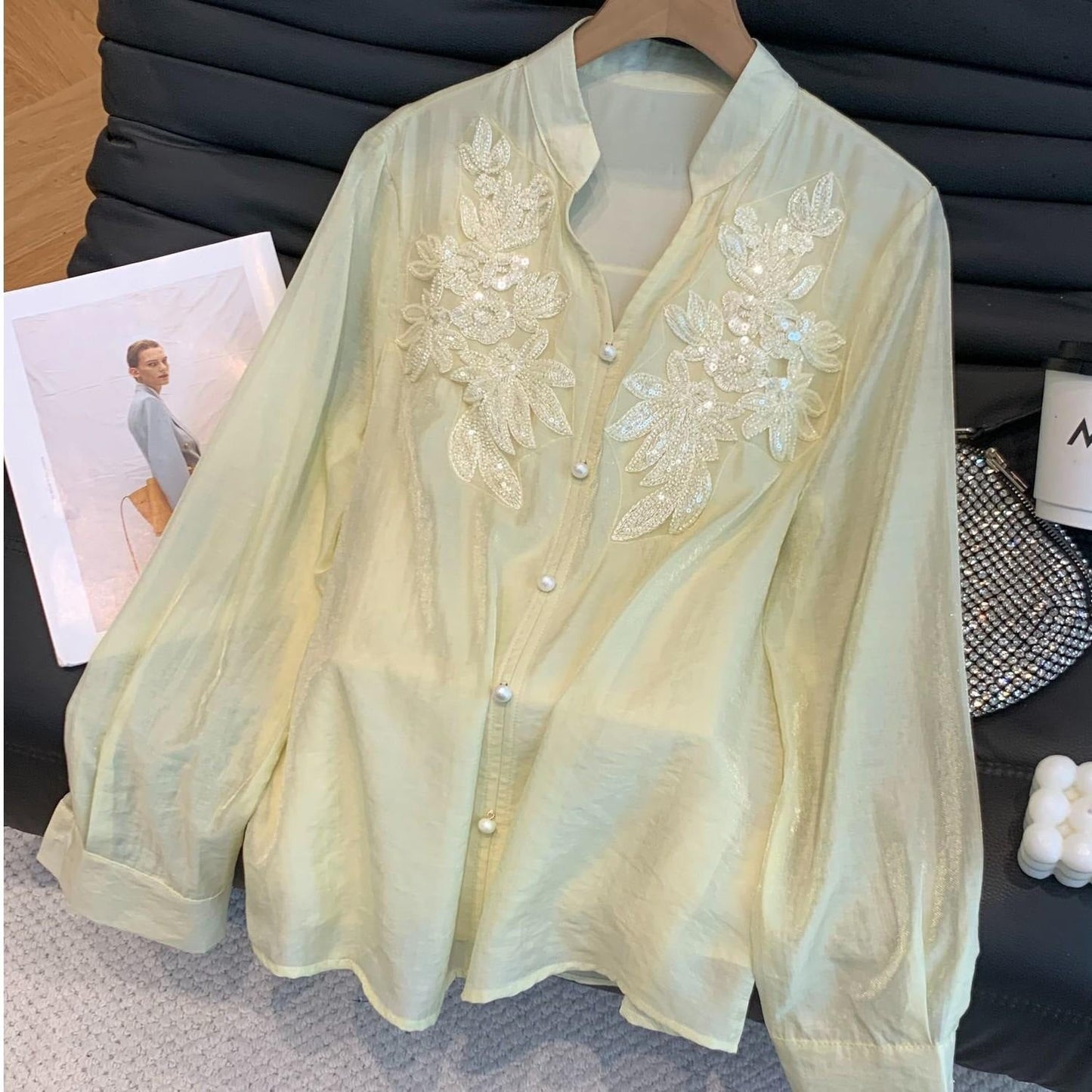 V-neck shirt with 3D sequined floral patchwork