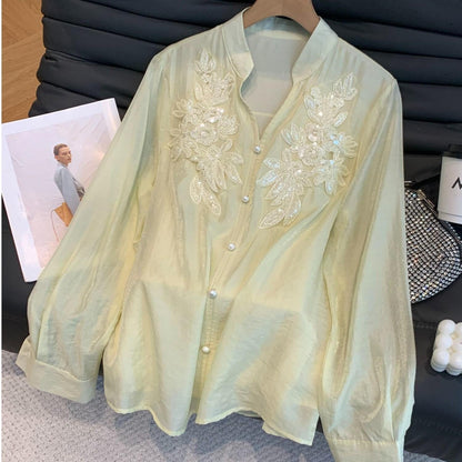 V-neck shirt with 3D sequined floral patchwork