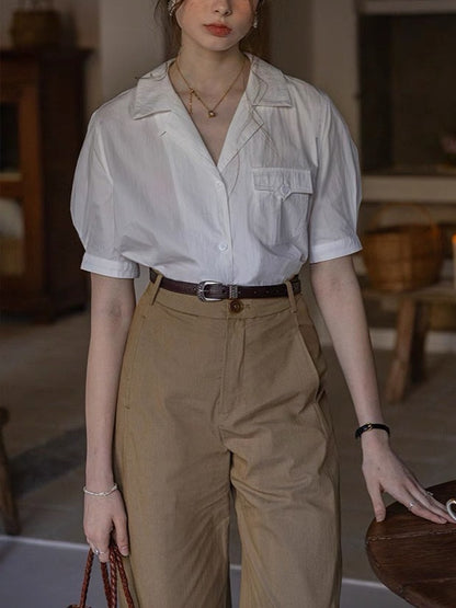 white short-sleeve cotton brocade textured shirt top