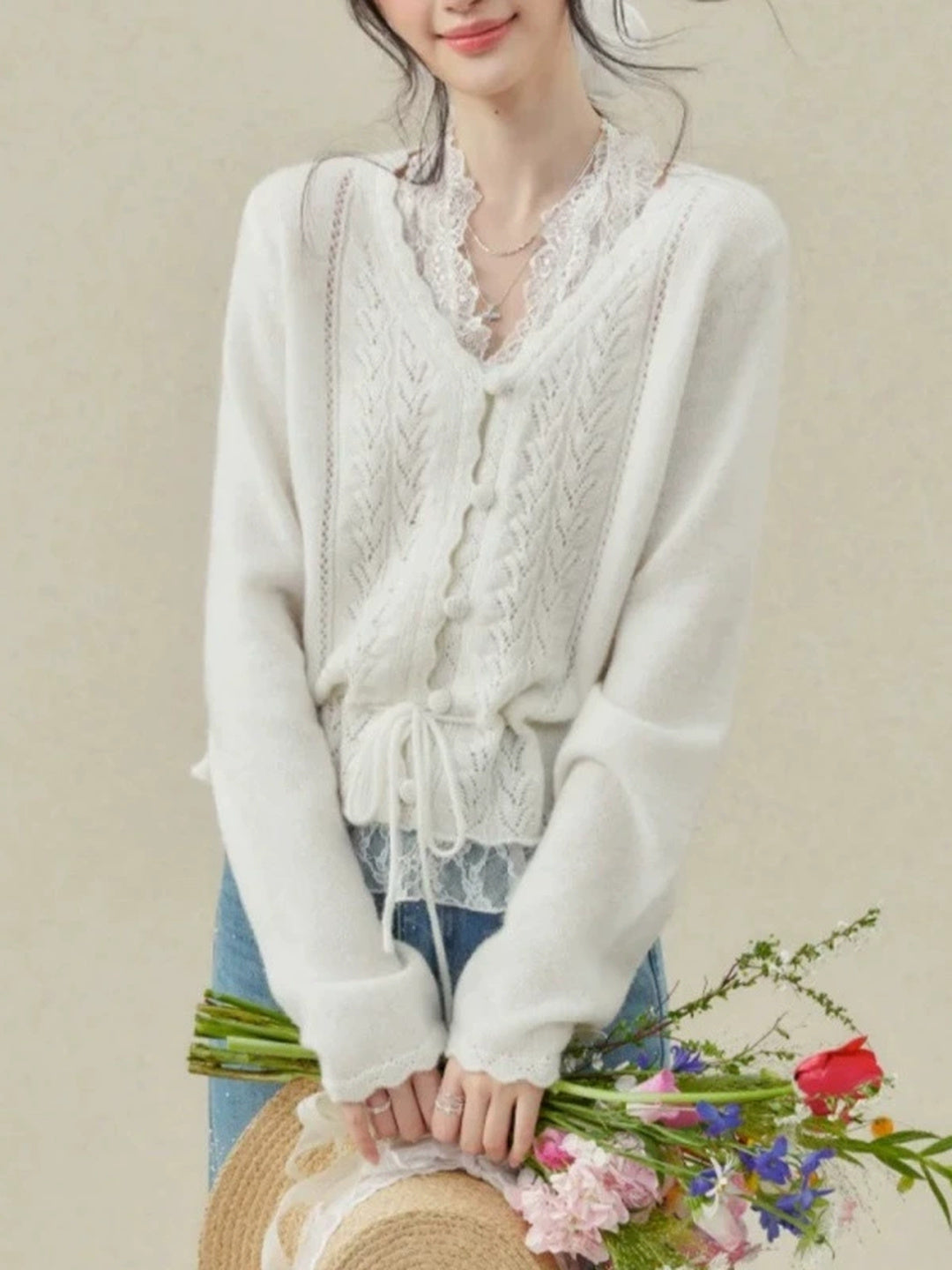 French Crochet Openwork V-neck Cardigan