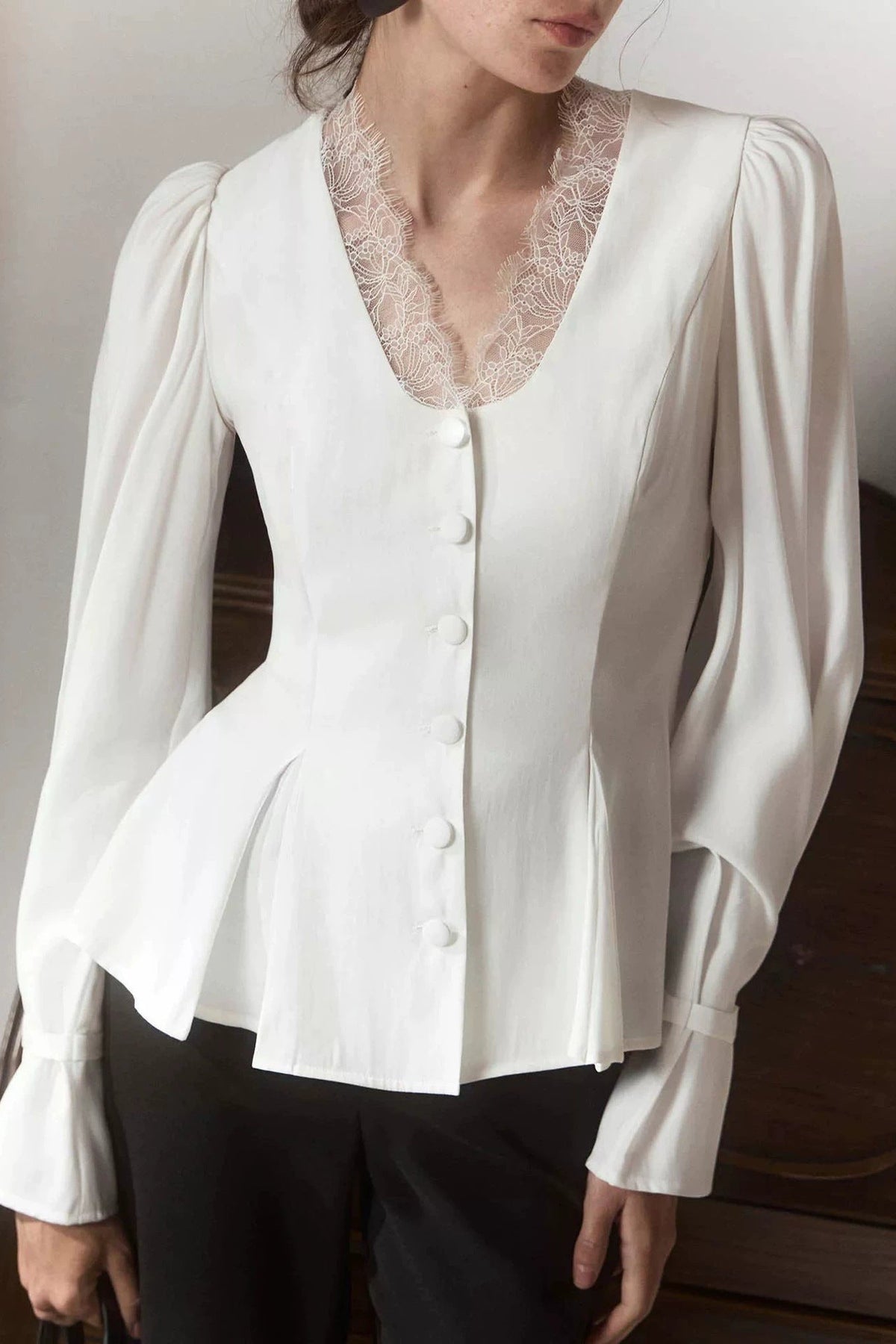 White Lace-Trim Peplum Button-Down Blouse