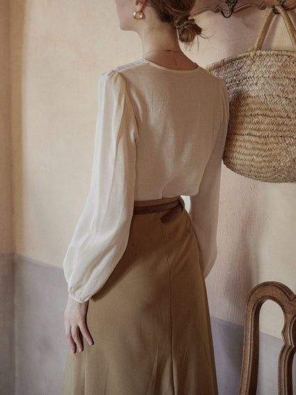 apricot embroidered V-neck French vintage chic shirt