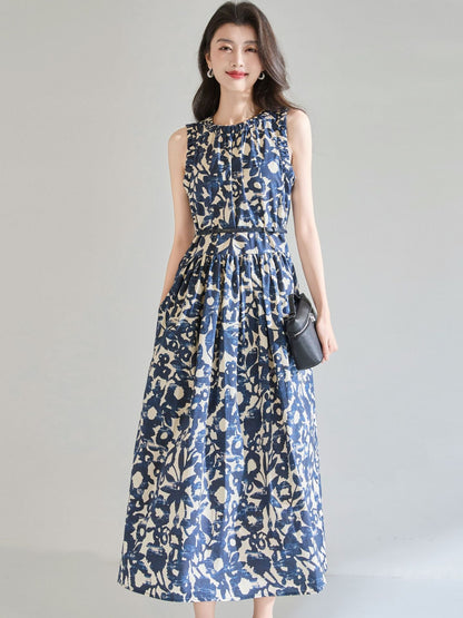 Hepburn-style sleeveless midi dress with oil painting print - blue