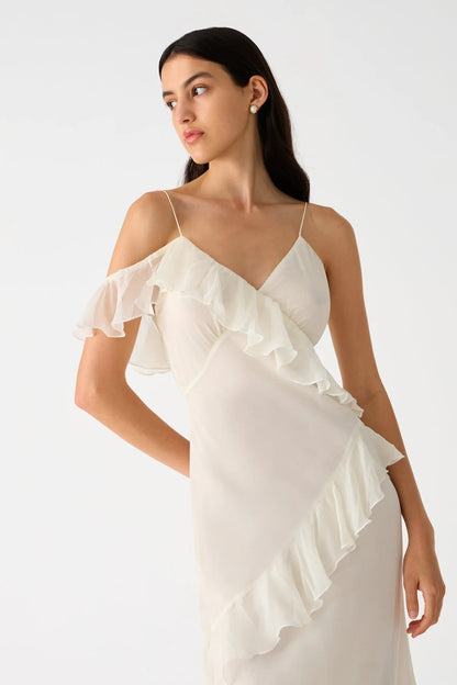 White backless ruffled halter maxi dress