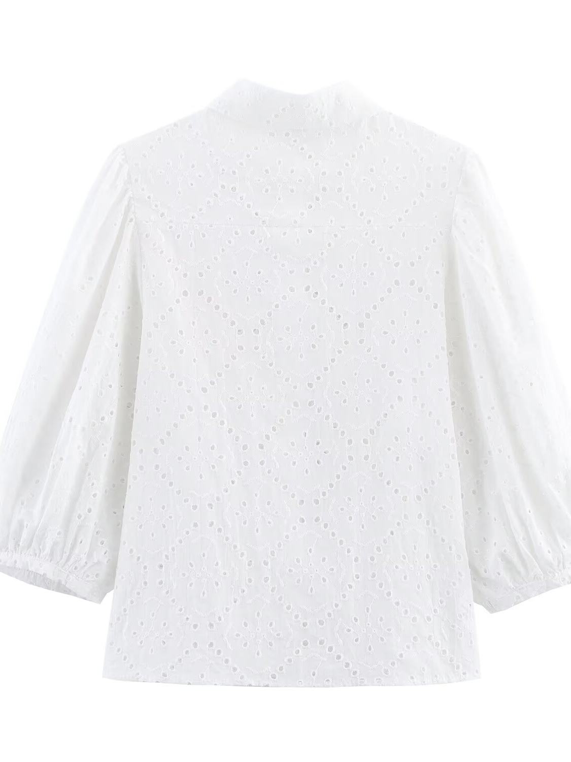 White Lap-up Collar Puffy Sleeve Hollow Embroidered Shirt