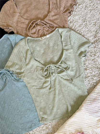 Ruched Front Ruffle Short Sleeve U-Neck Knit Top