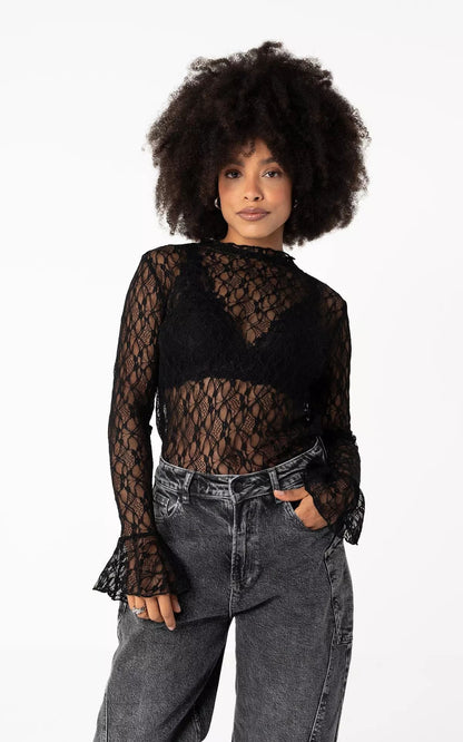 lace long-sleeved base shirt see-through inner cut-out top