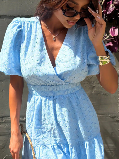 V-neck openwork embroidery maxi dress