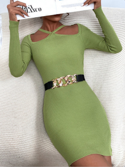 green long sleeve halterneck hip knitted dress