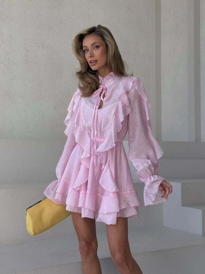 Bell-sleeve ruffled mini dress with tie detail