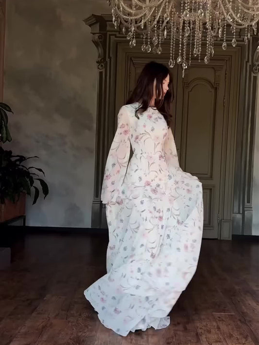 white floral long-sleeved maxi dress