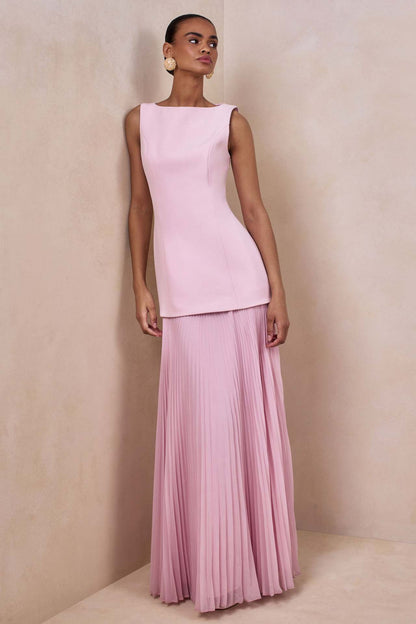 pink pleated sleeveless swing dress