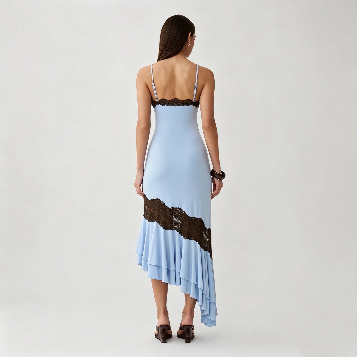 blue V-neck camisole maxi dress with asymmetrical lace splicing & cut-out