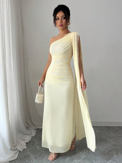 yellow mesh one-shoulder maxi dress