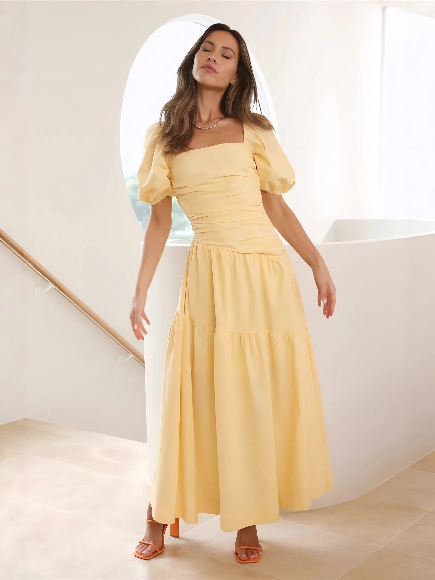 yellow puff sleeve maxi dress